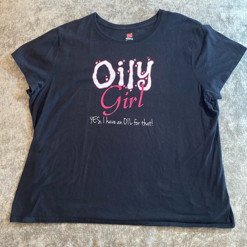 Hanes Oily Girl size 2XL black t-shirt with white & pink lettering. {301}